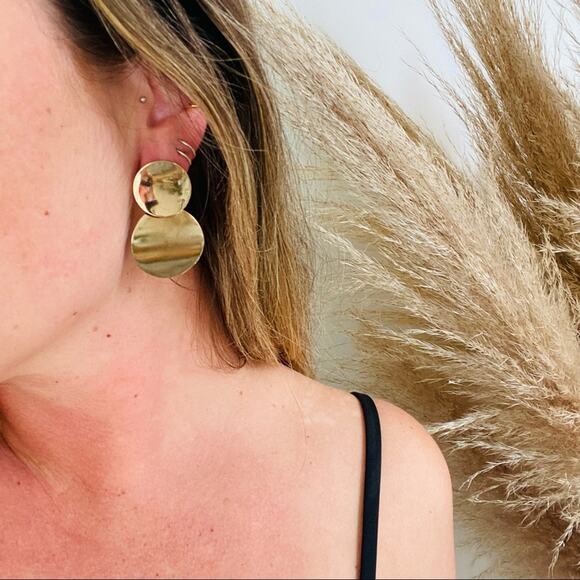 NEW NORDSTROM REVOLVE Gold Double Duo Disc Circle Stud Drop Earrings Jewelry - Picture 8 of 9